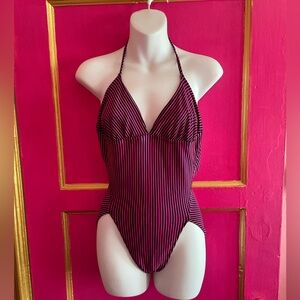 Vintage Danskin Striped Halter One-Piece Swimsuit Leotard in Black Magenta 25